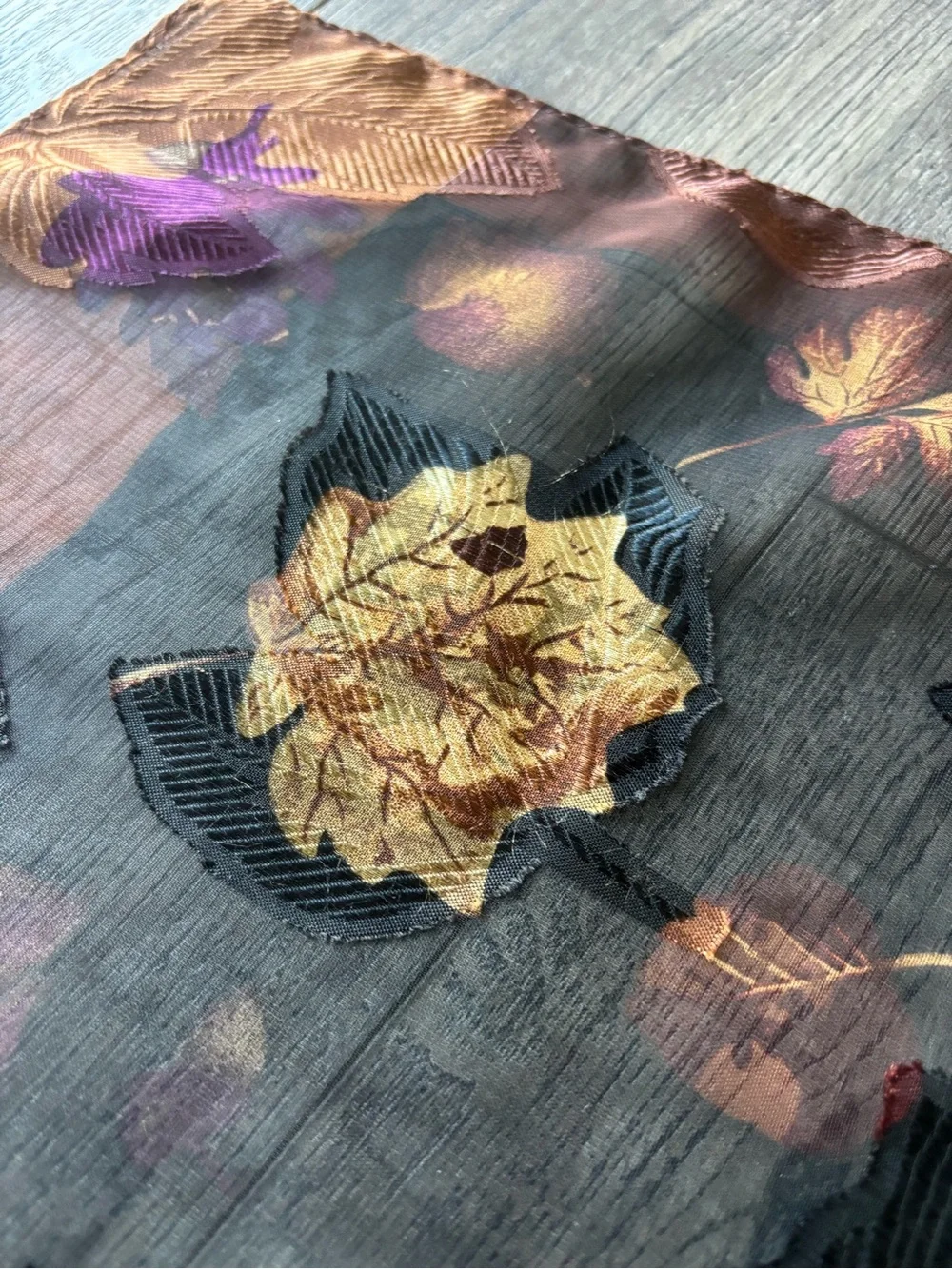 Liz Claiborne Black Sheer Floral Scarf with Bronze and Purple Accents
